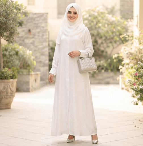 fabricHani White Abaya with bell sleeves - front view | Korean georgette|alsaadabaya