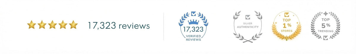 Customer trust badges showing 17,323 reviews, silver authenticity, and top store rankings.