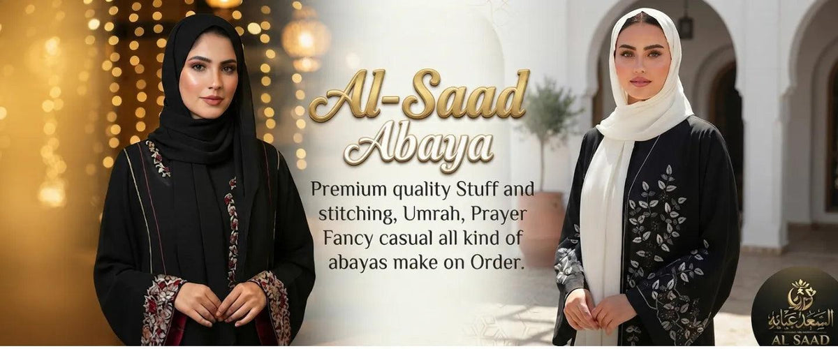 Two women wearing premium black embroidered abayas and hijabs for Umrah and prayer.