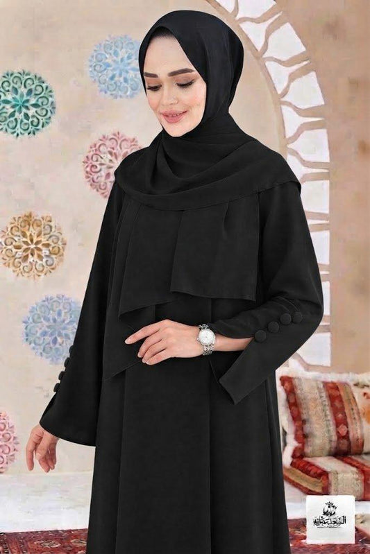 Ayzee Black Abaya with elegant draping and buttoned sleeves.