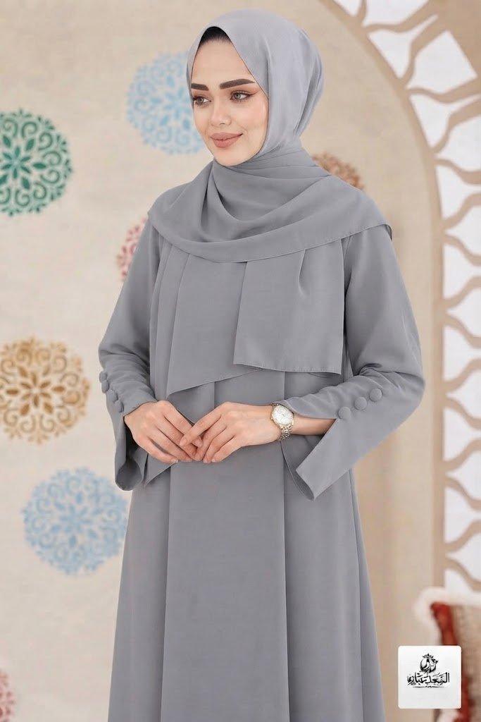 Ayzee Gray Abaya with elegant hijab and bell sleeves in premium georgette fabric.