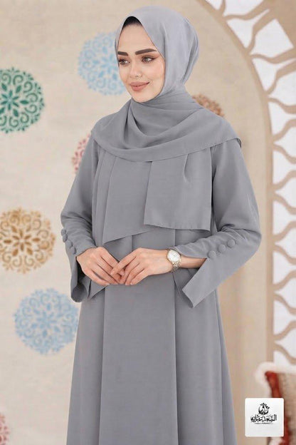 Ayzee Gray Abaya with elegant hijab and bell sleeves in premium georgette fabric.