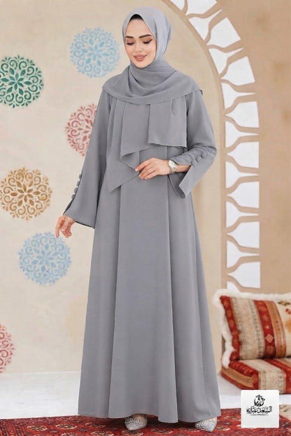 Ayzee Gray Abaya in premium georgette fabric with elegant draped hijab style.