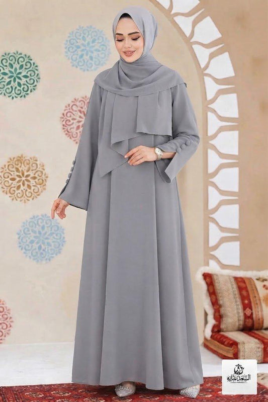 Ayzee Gray Abaya in premium georgette fabric with elegant draped hijab style.