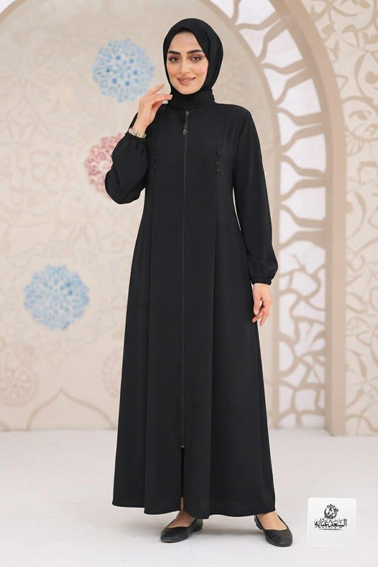 Black zipper abaya with long sleeves and button details from alsaadabaya