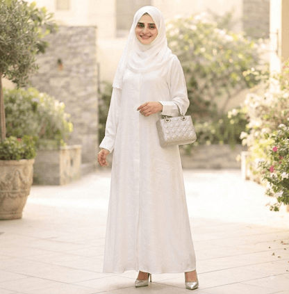 fabricHani White Abaya with bell sleeves - front view | Korean georgette|alsaadabaya