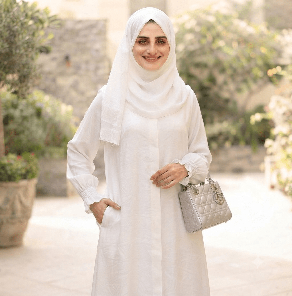 Hani White Abaya with bell sleeves - front view | Korean georgette 