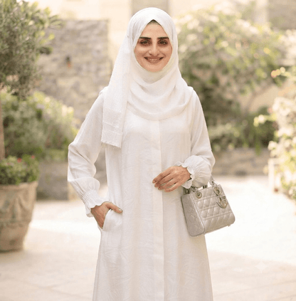Hani White Abaya with bell sleeves - front view | Korean georgette 