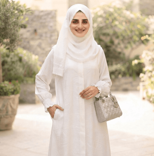 Hani White Abaya with bell sleeves - front view | Korean georgette 
