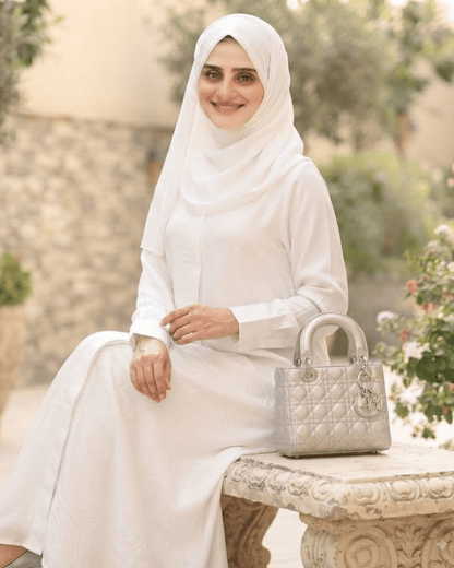 fabricHani White Abaya with bell sleeves - front view | umrah abaya|Korean georgette 